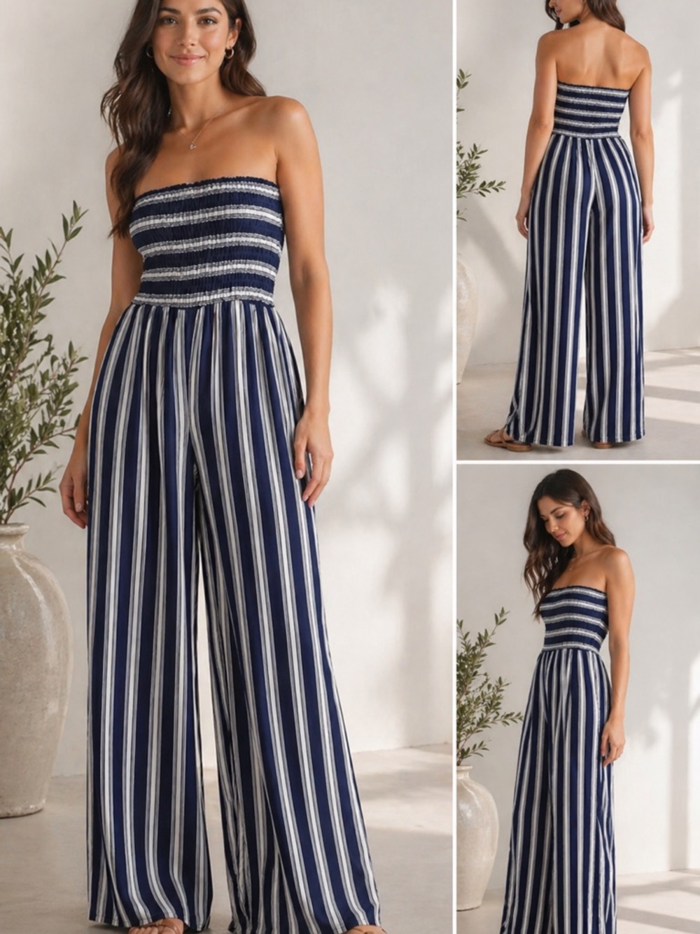 Smocked Strapless Navy & White Stripe Wide-Leg Jumpsuit